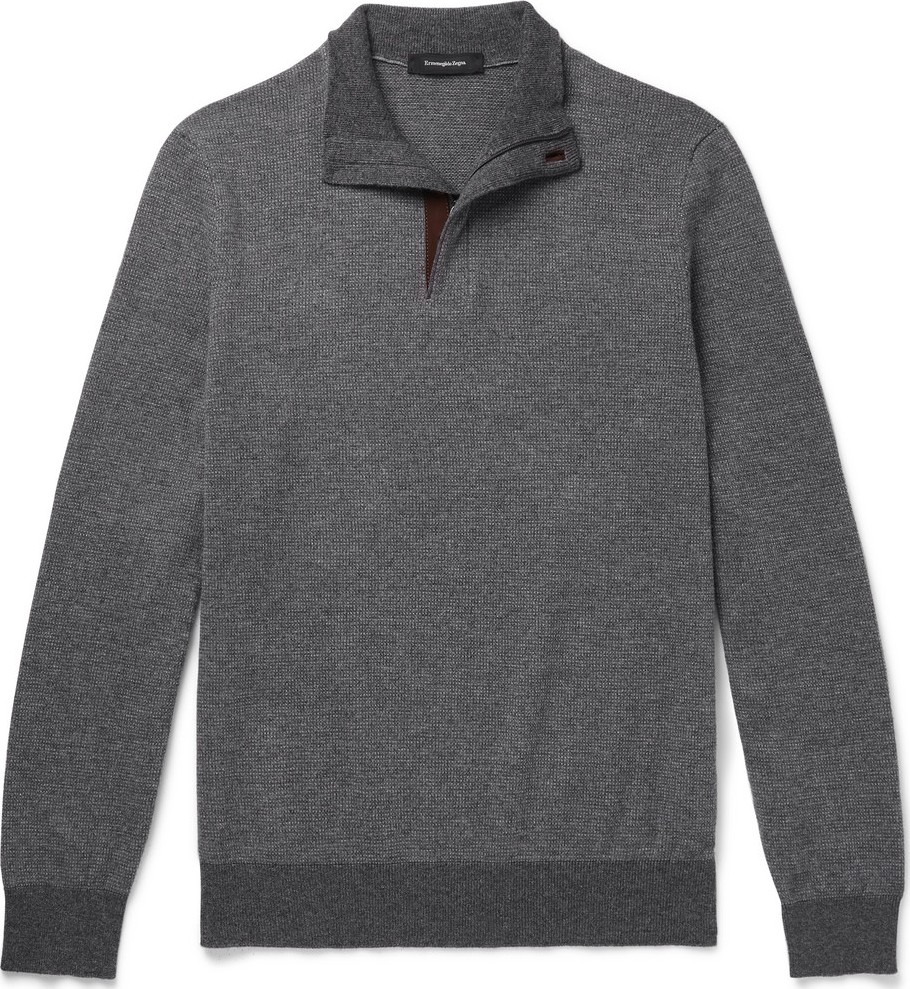 Ermenegildo Zegna Slim-Fit Suede-Trimmed Cashmere and Cotton-Blend Half-Zip Sweater