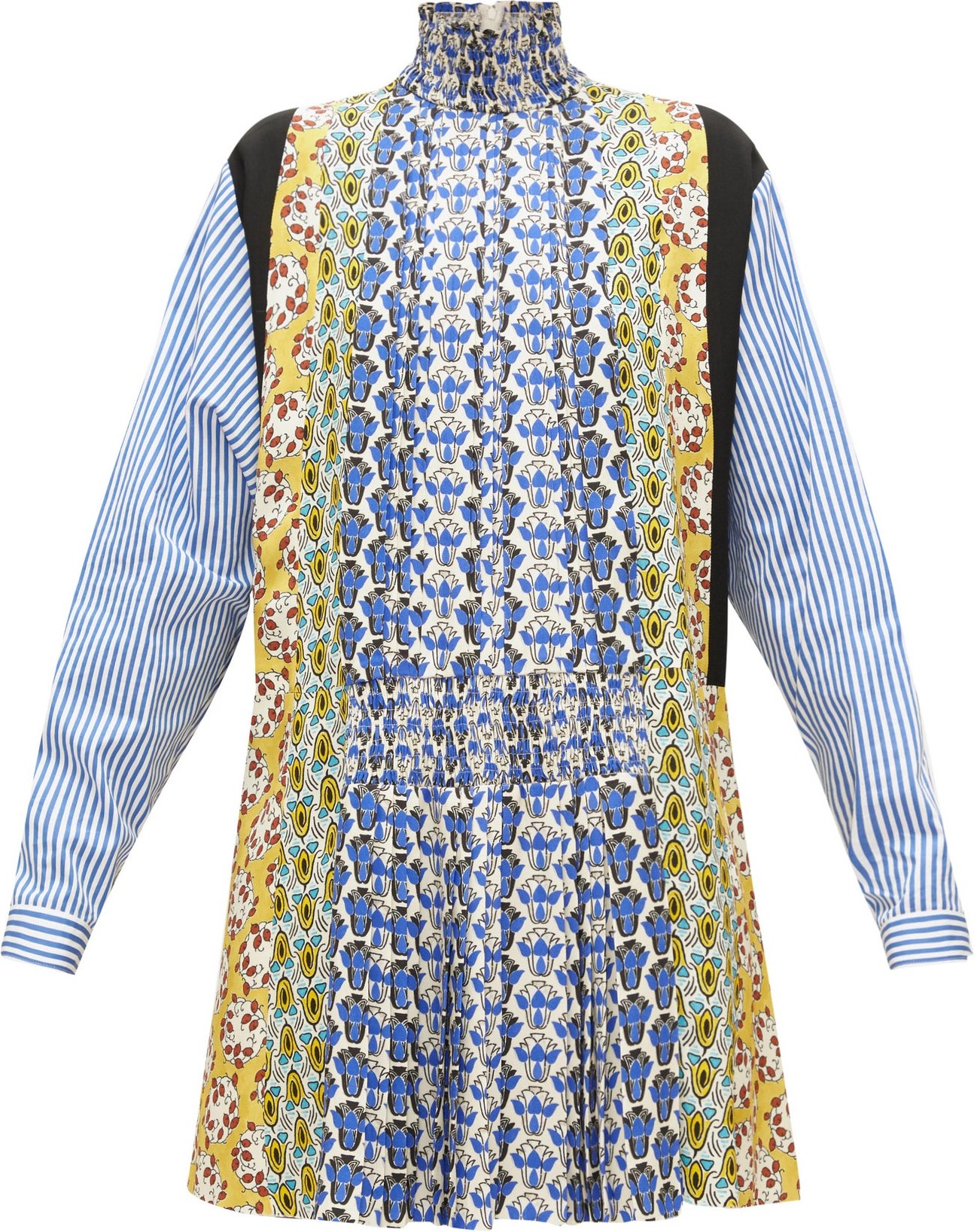 Prada Smocked high-neck floral-print panelled mini dress