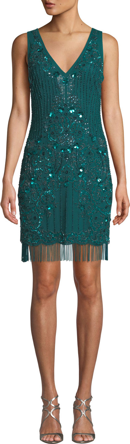 Aidan Mattox Beaded V-Neck Sleeveless Fringe Dress