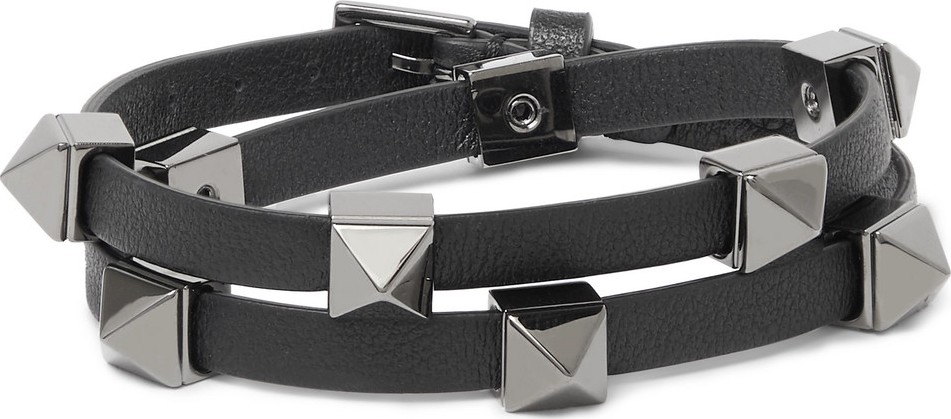 Valentino Valentino Garavani Rockstud Leather and Ruthenium Wrap Bracelet
