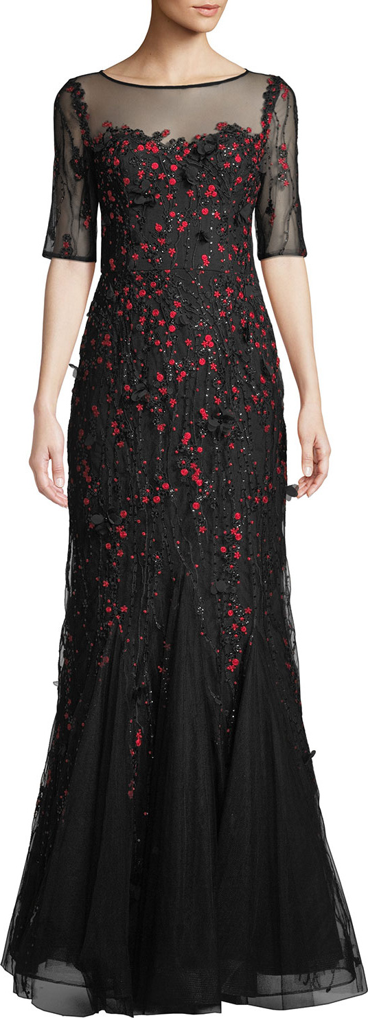 Rickie Freeman for Teri Jon Sequin & Embroidered Floral Lace Mermaid Gown