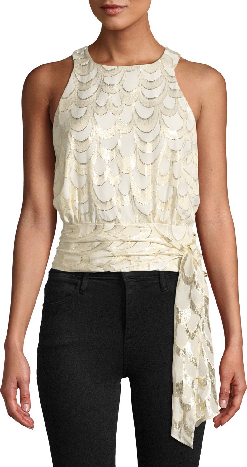 MILLY Lauren Metallic Silk Chiffon Tie-Hem Top