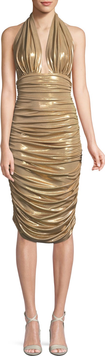 Norma Kamali Metallic Halter Cocktail Dress w/ Ruching