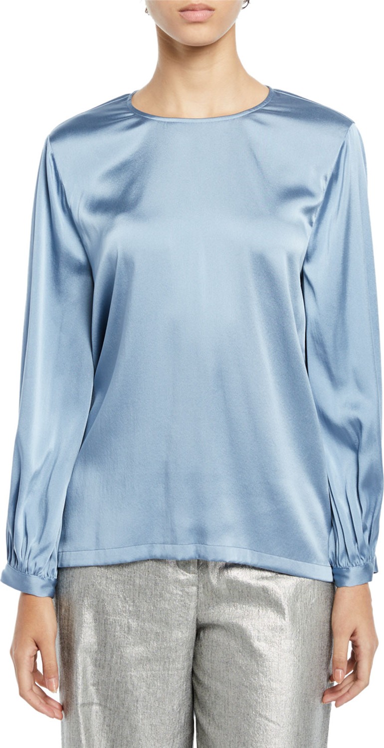 Eileen Fisher Ruched-Cuff Silk Charmeuse Blouse