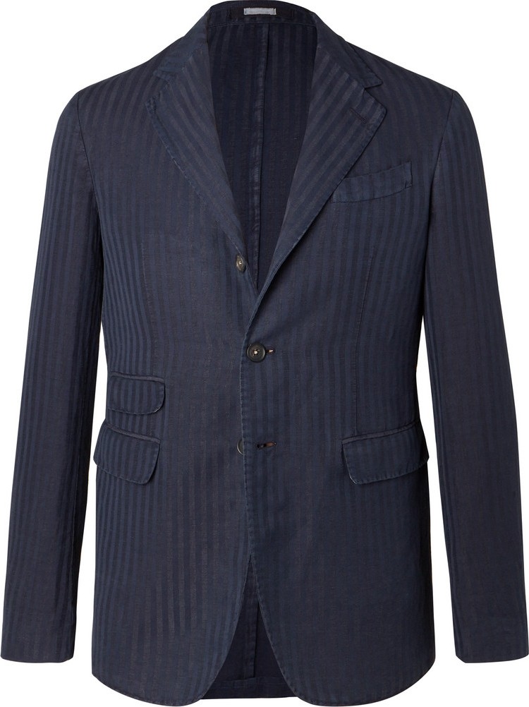 Massimo Alba Navy Unstructured Striped Herringbone Linen and Cotton-Blend Blazer