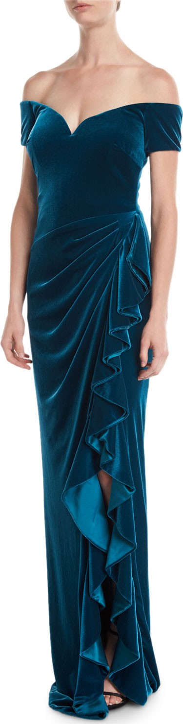 Badgley Mischka Off-the-Shoulder Velvet Gown Dress