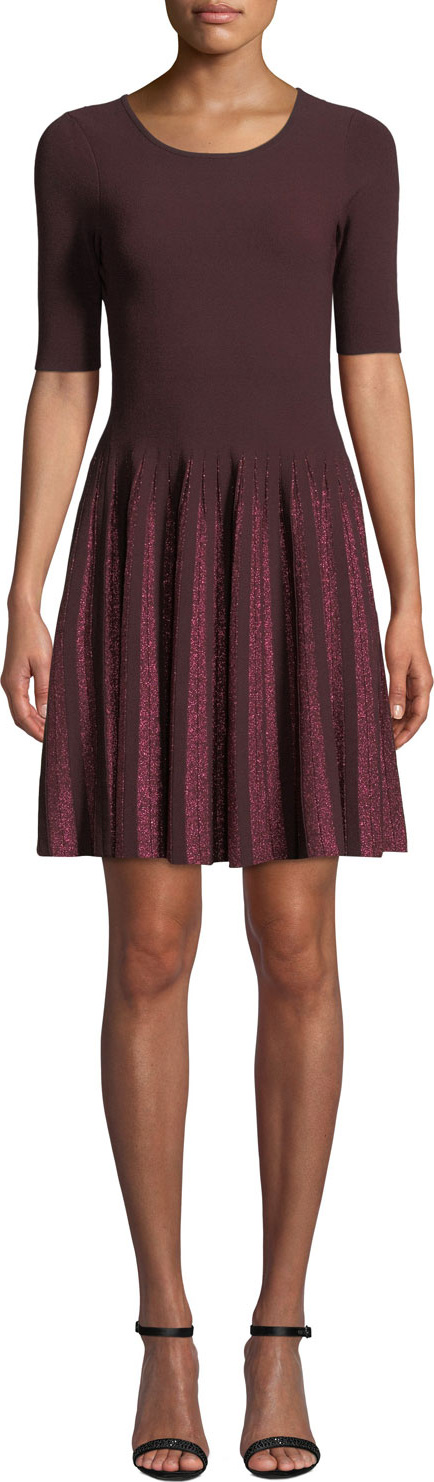 MILLY Scoop-Neck Elbow-Sleeve Fit-and-Flare Metallic Pleated Dress