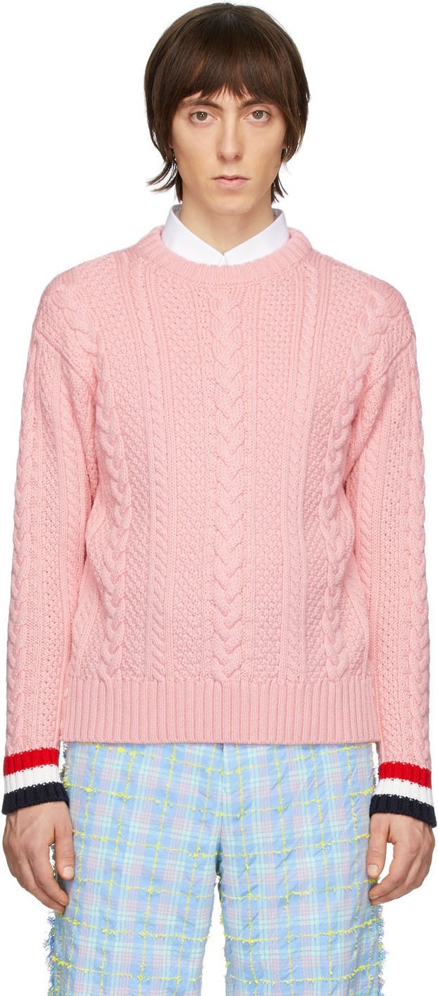 Thom Browne Pink Merino Aran Cable Sweater