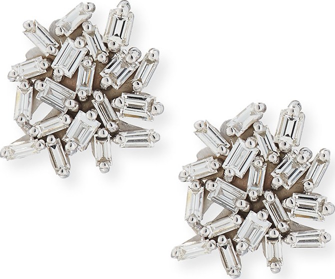Suzanne Kalan White Baguette Diamond Cluster Earrings in 18K White Gold