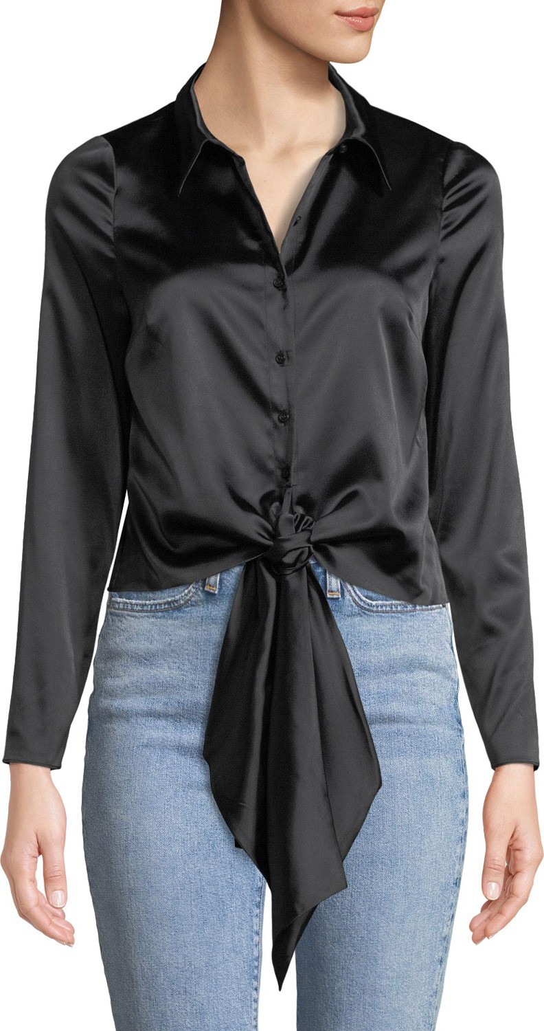 Alexis Nata Tie-Front Satin Button-Down Top