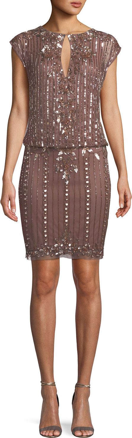 Aidan Mattox Embellished Cap-Sleeve Blouson Dress