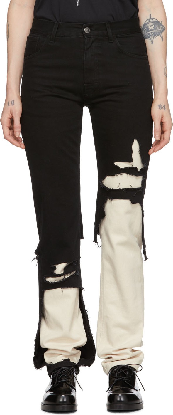 Raf Simons Black & Ecru Double Destroyed Jeans
