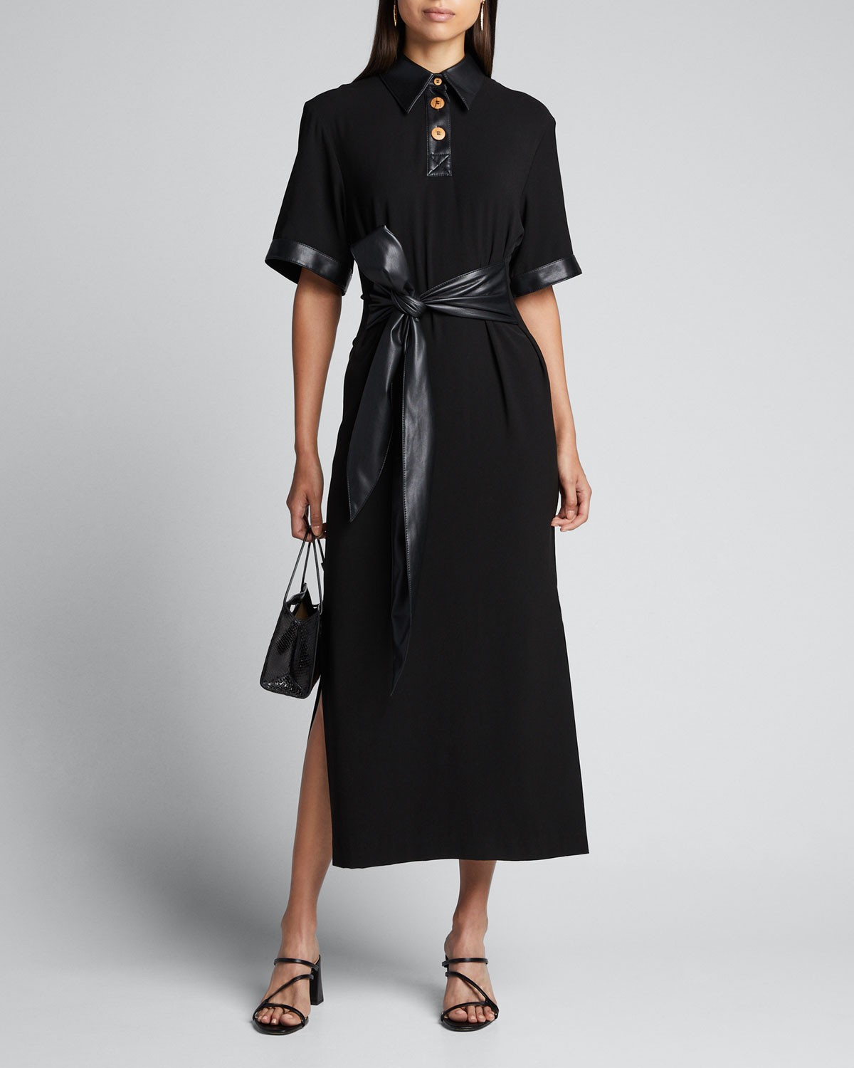 Nanushka Leila Belted Short-Sleeve Dress w/ Vegan Leather Trim