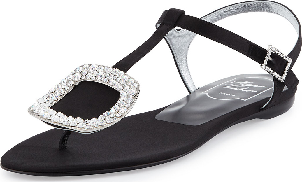Roger Vivier Thong Chips Flat Satin Sandal, Black (Nero)