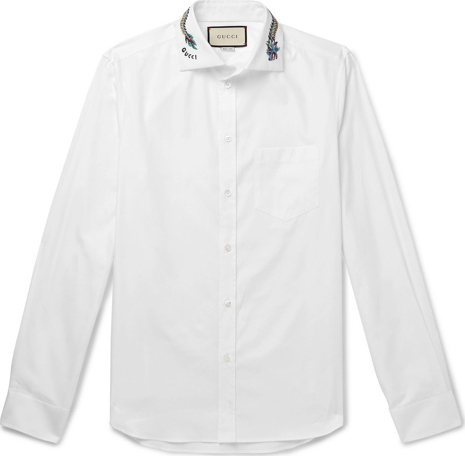 Gucci White Slim-Fit Cutaway-Collar Embroidered Cotton-Poplin Shirt