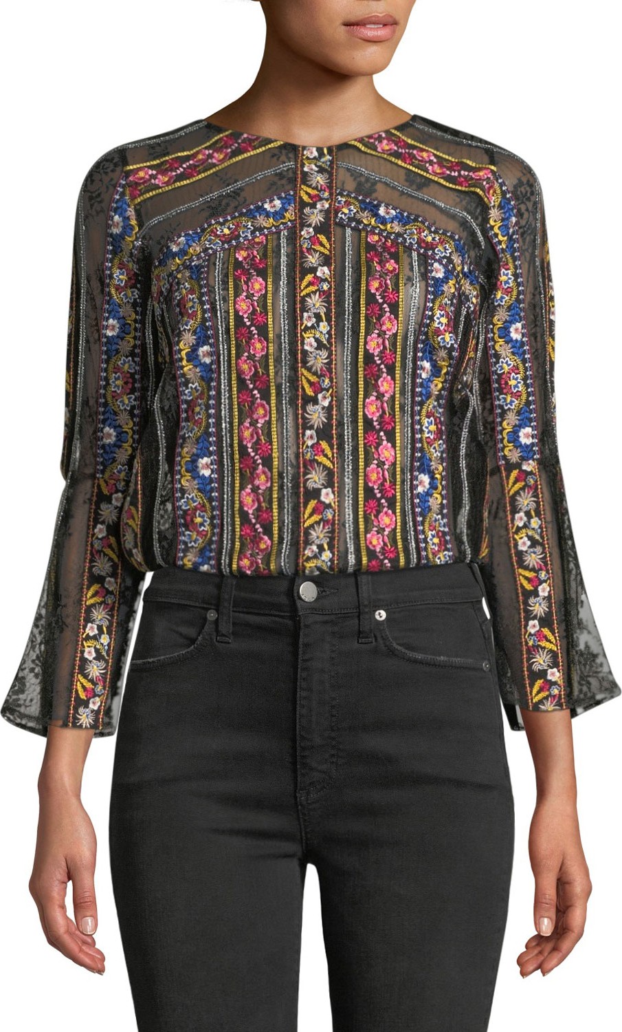 Alice + Olivia Larue Embroidered Slit-Sleeve Top