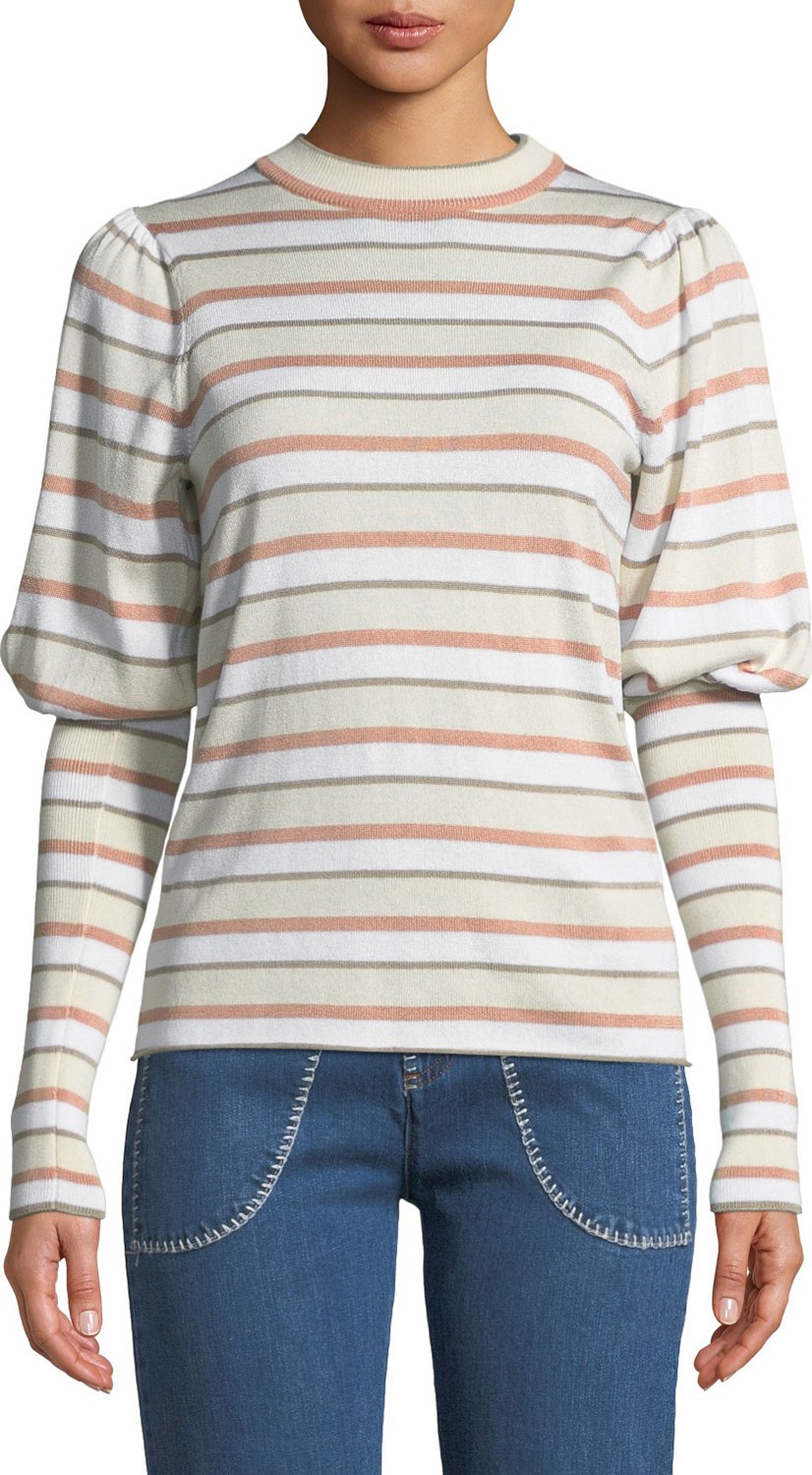 See By Chloé Striped Bishop-Sleeve Knit Sweater
