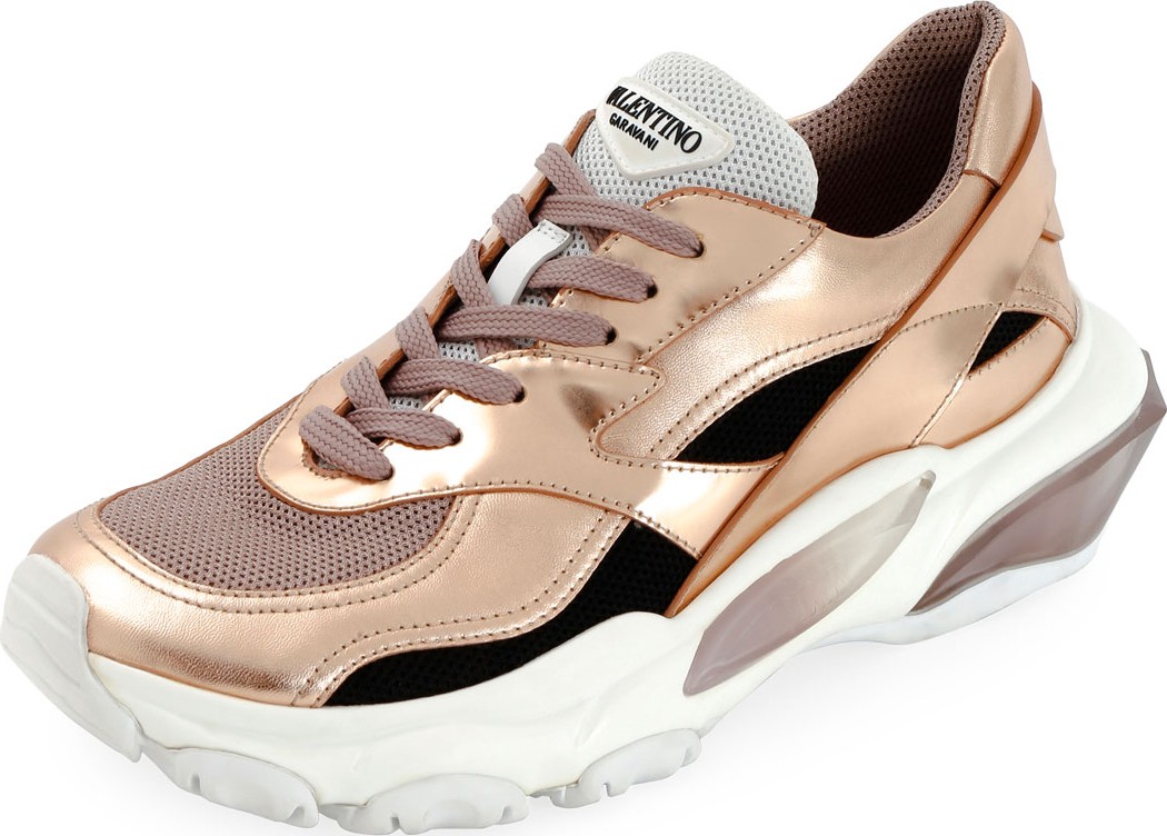 Valentino Bounce Metallic Leather/Nylon Lace-Up Sneakers