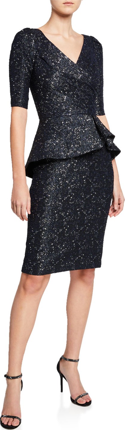 Rickie Freeman for Teri Jon V-Neck Elbow-Sleeve Stretch Jacquard Peplum Dress