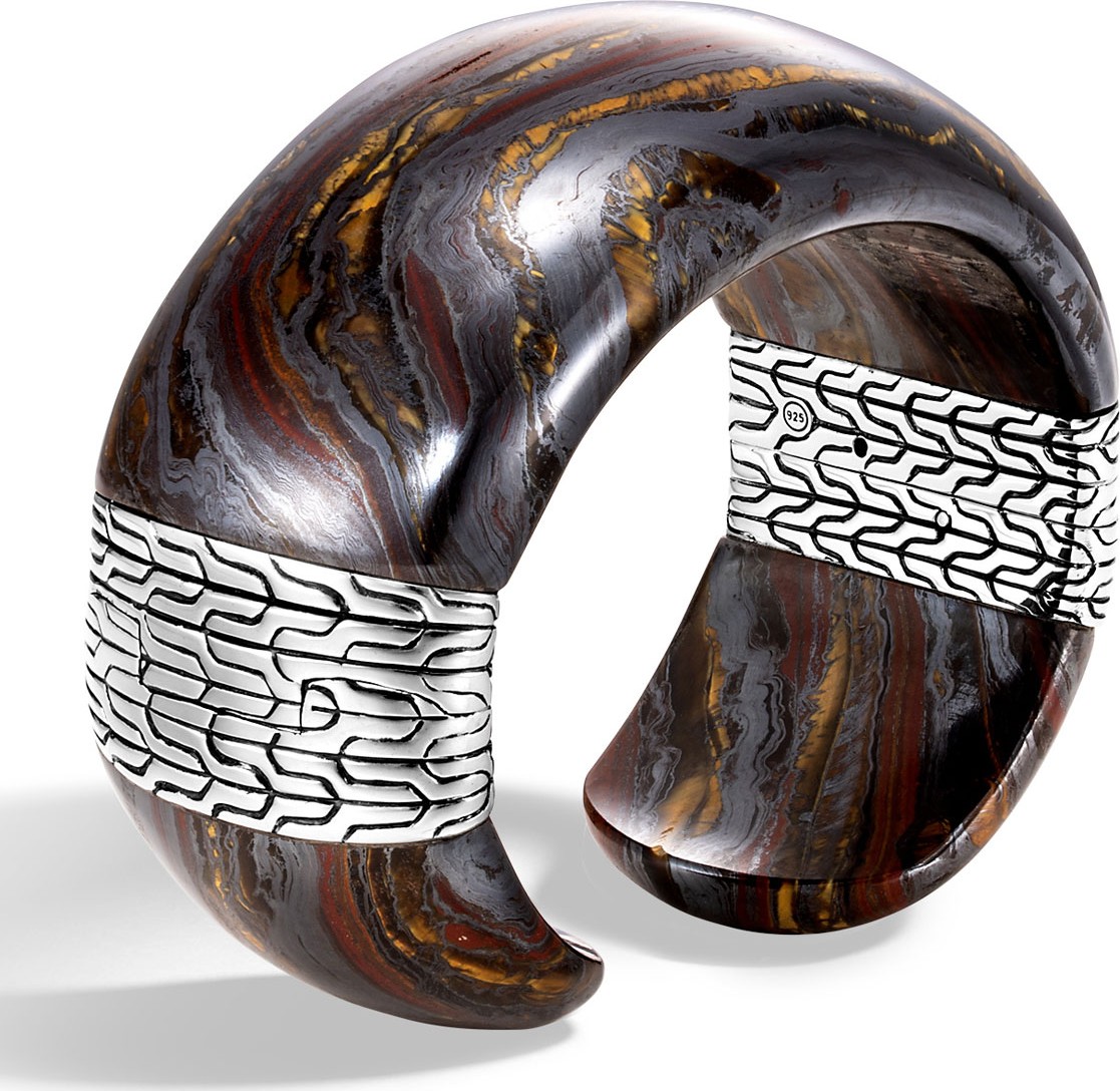 John Hardy Classic Chain Wide Silver Flex Kick Cuff Bracelet with Tiger Iron, Size S