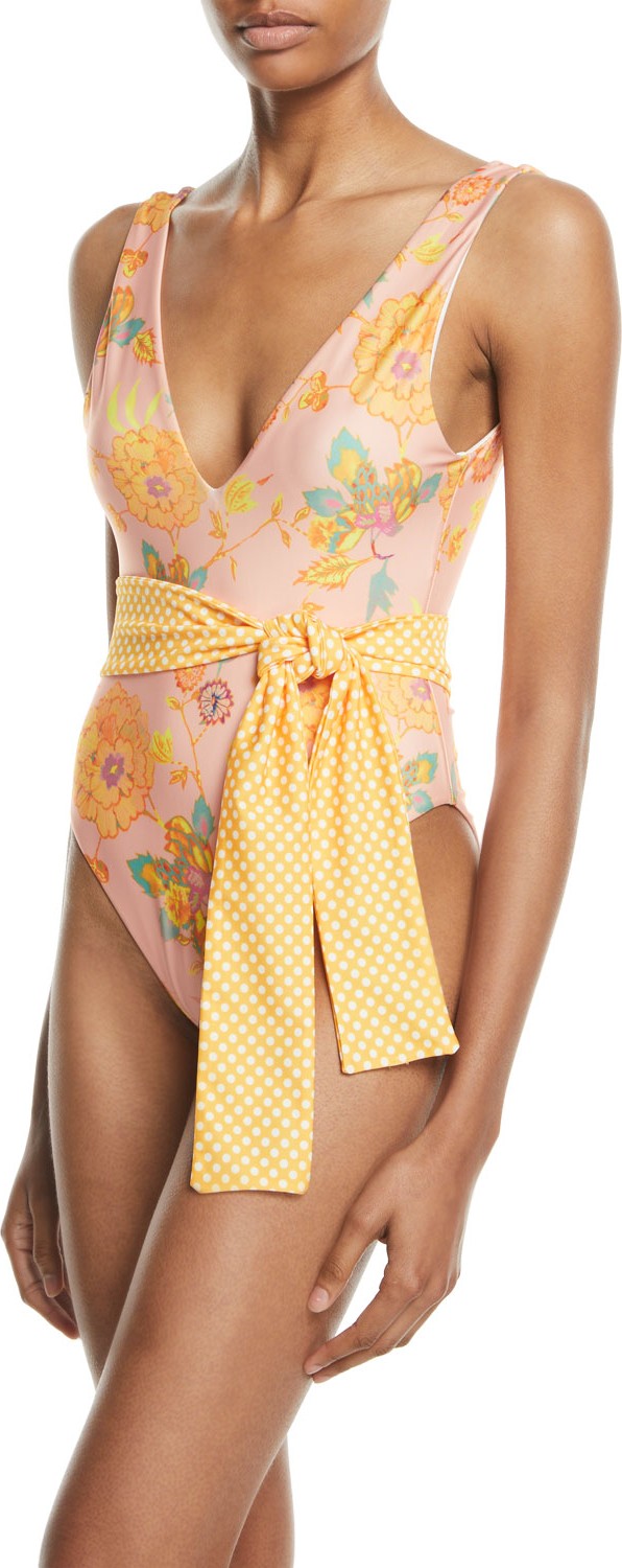 TULAROSA Claudia Belted Floral One-Piece Swimsuit