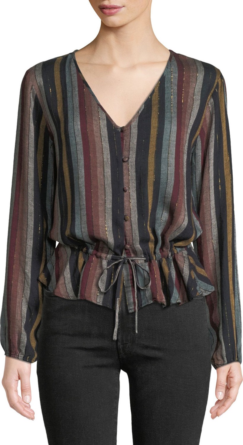 RAILS Beaux Striped Metallic Button-Front Top
