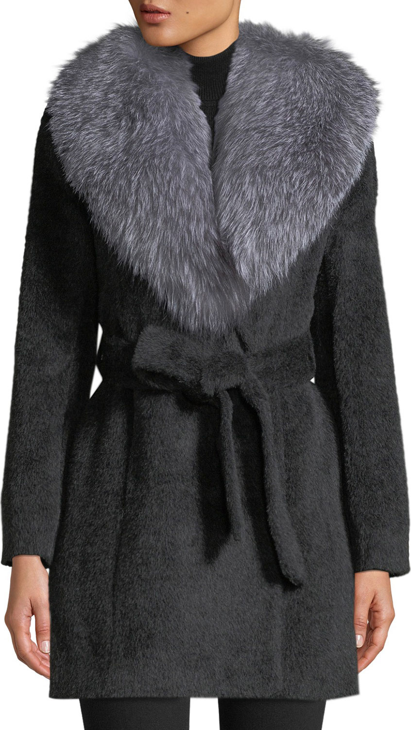 Sofia Cashmere Oversized Fur-Collar Belted Wrap Coat