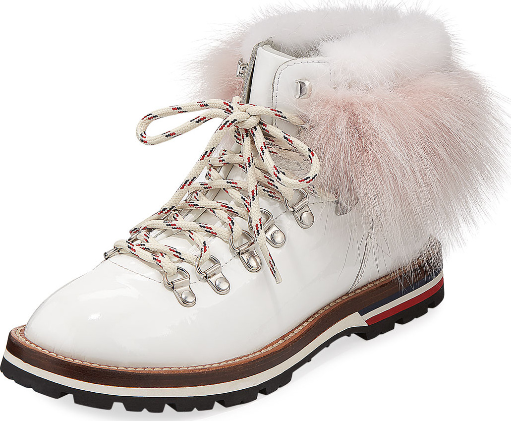 Moncler Fur-Trim Patent Leather Hiker Boots