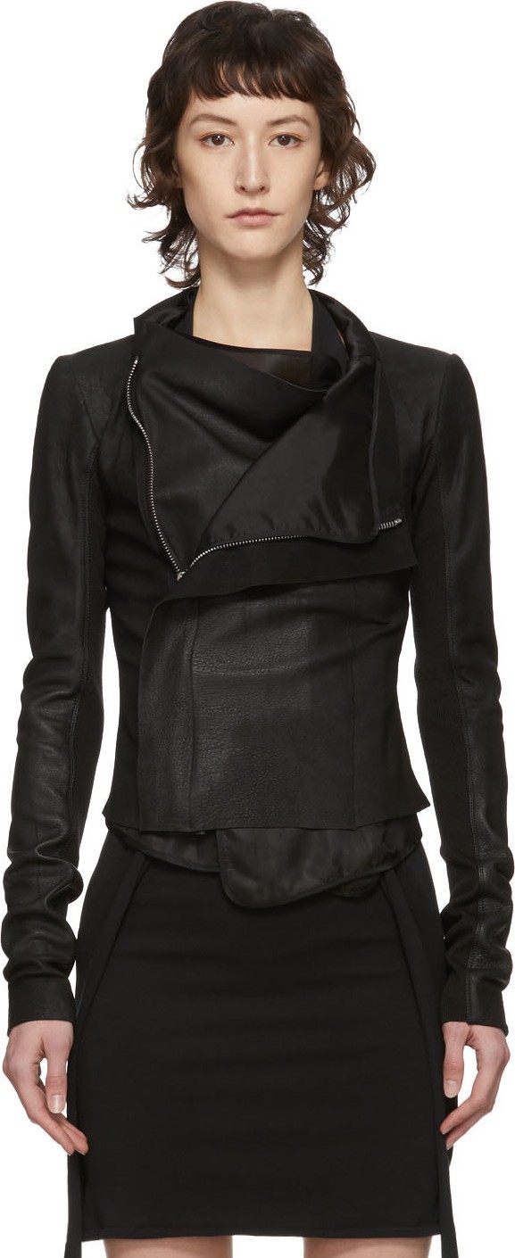 Rick Owens Black Lambskin Low Neck Biker Jacket