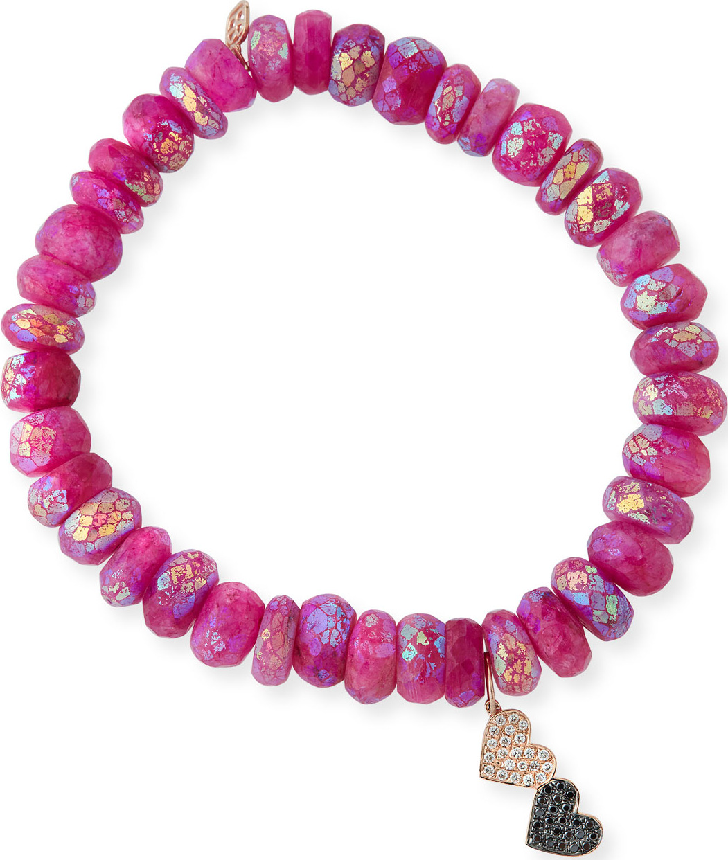 Sydney Evan Pink Moonstone Beaded Bracelet w/ 14k Double-Heart Charm