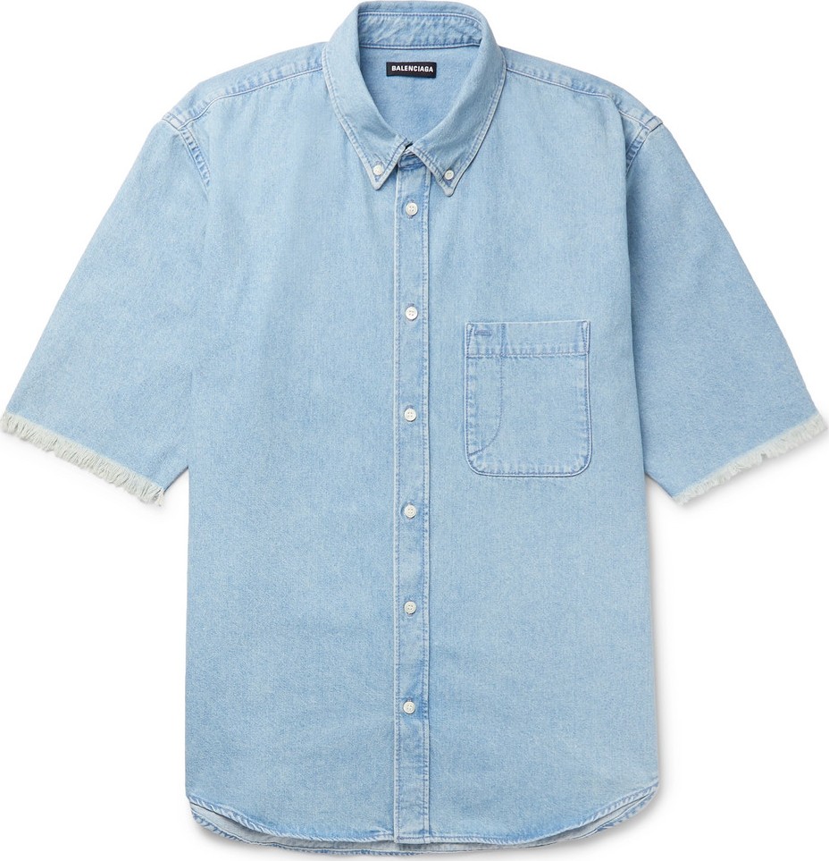 Balenciaga Button-Down Collar Distressed Logo-Print Denim Shirt