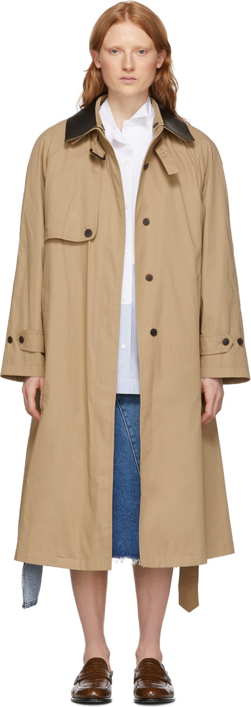 LOEWE Beige Silk Contrast Collar Trench Coat