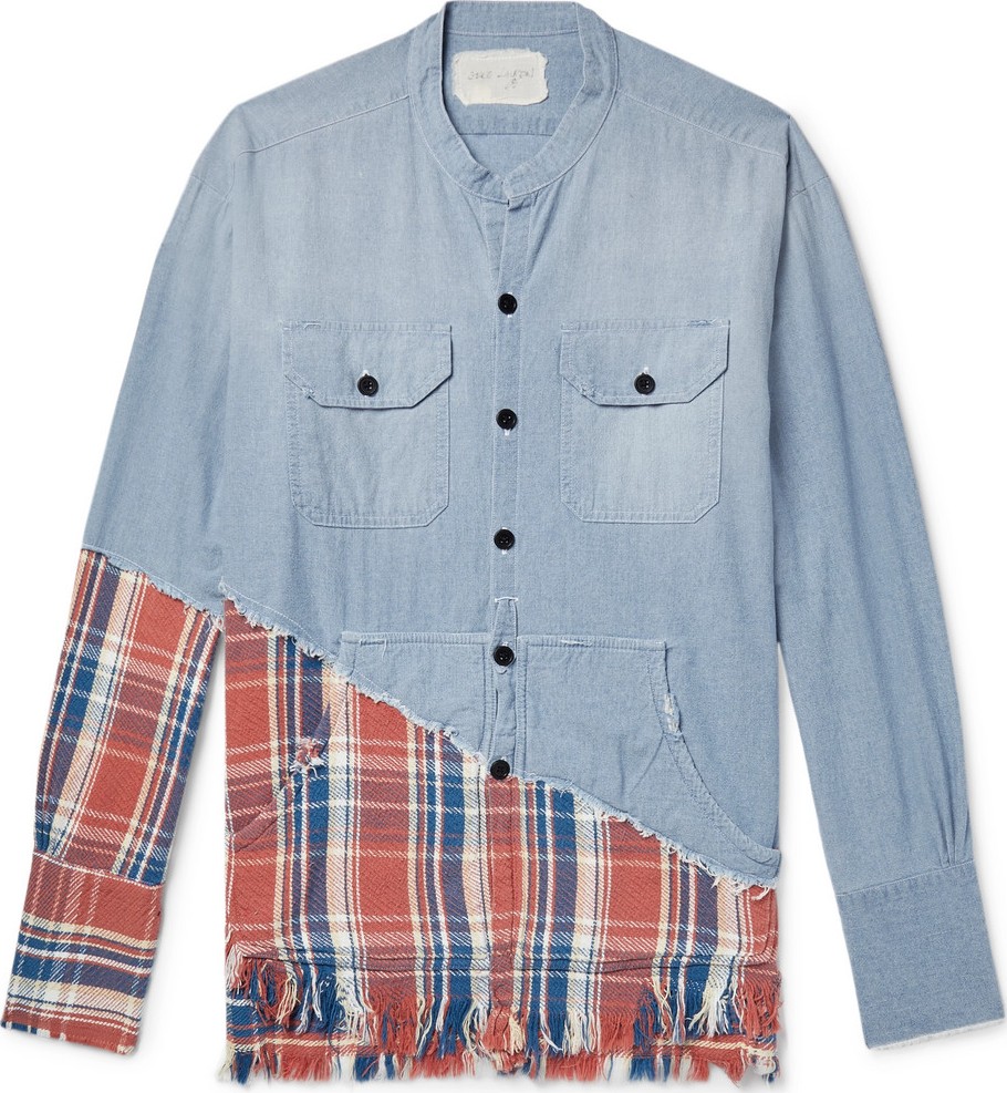 Greg Lauren Grandad-Collar Panelled Cotton-Chambray and Checked Canvas Shirt