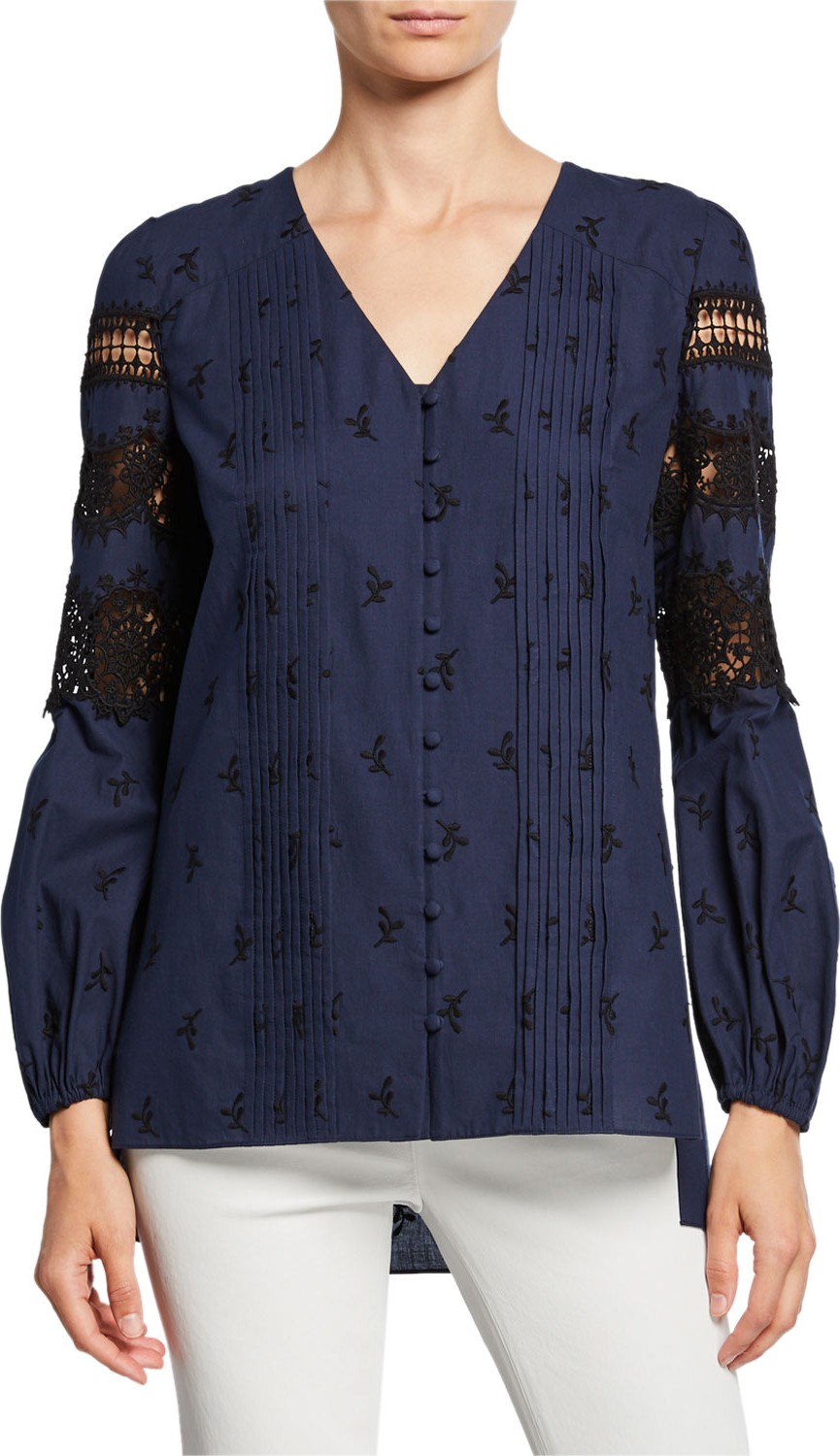 Elie Tahari Leigha V-Neck Long-Sleeve High-Low Blouse with Lace & Embroidery Elie Tahari Leigha V-Neck Long-Sleeve High-Low Blouse with Lace & Embroidery