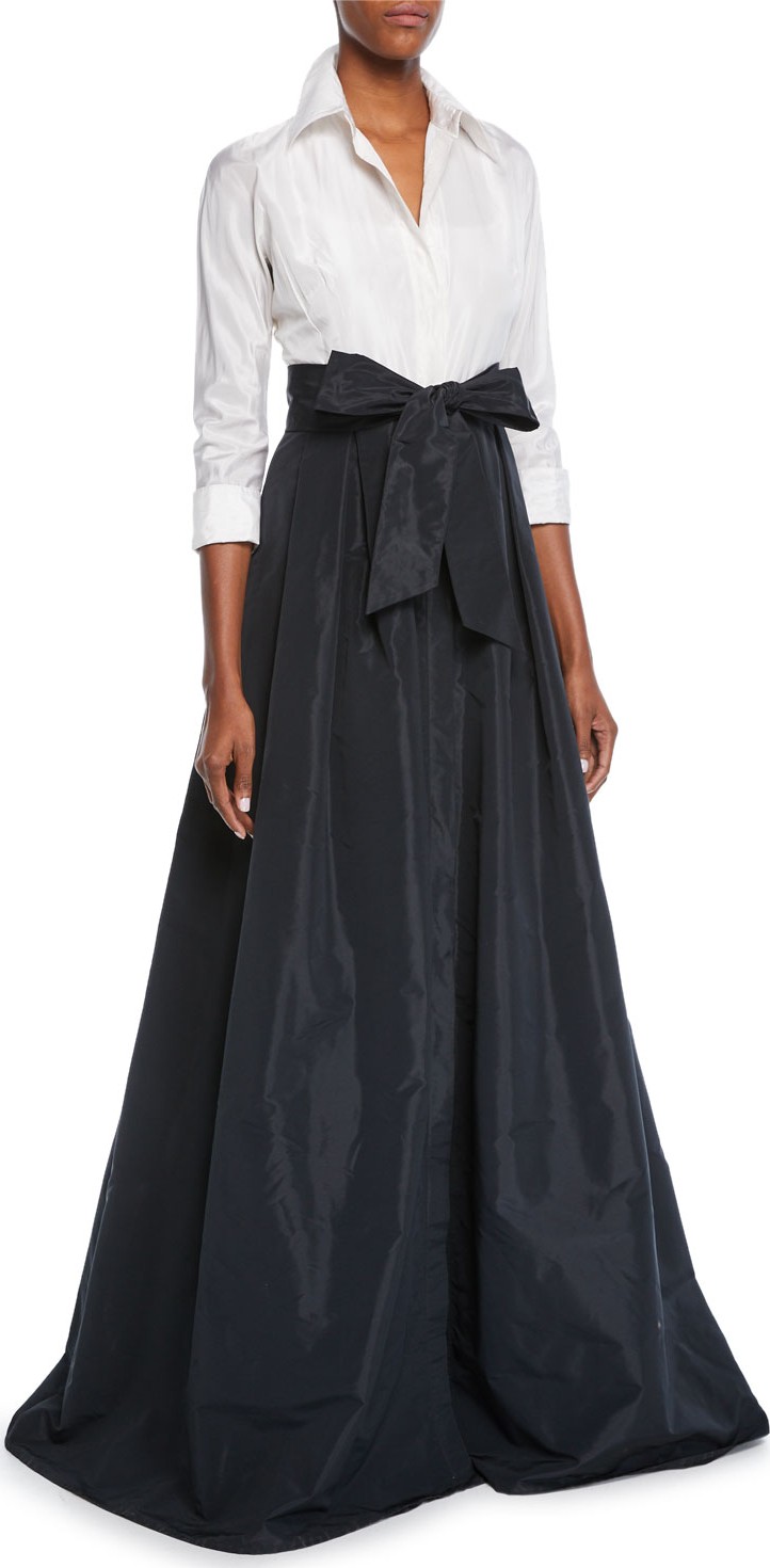 Rickie Freeman for Teri Jon Two-Tone 3/4-Sleeve Taffeta Shirtdress Gown