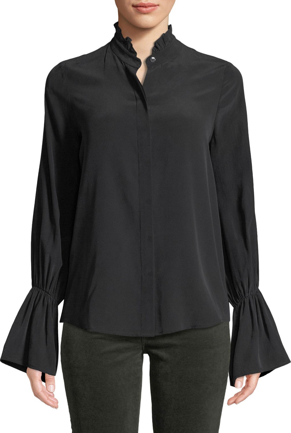 L'AGENCE Leyla Ruffle-Collar Silk Bell-Sleeve Blouse