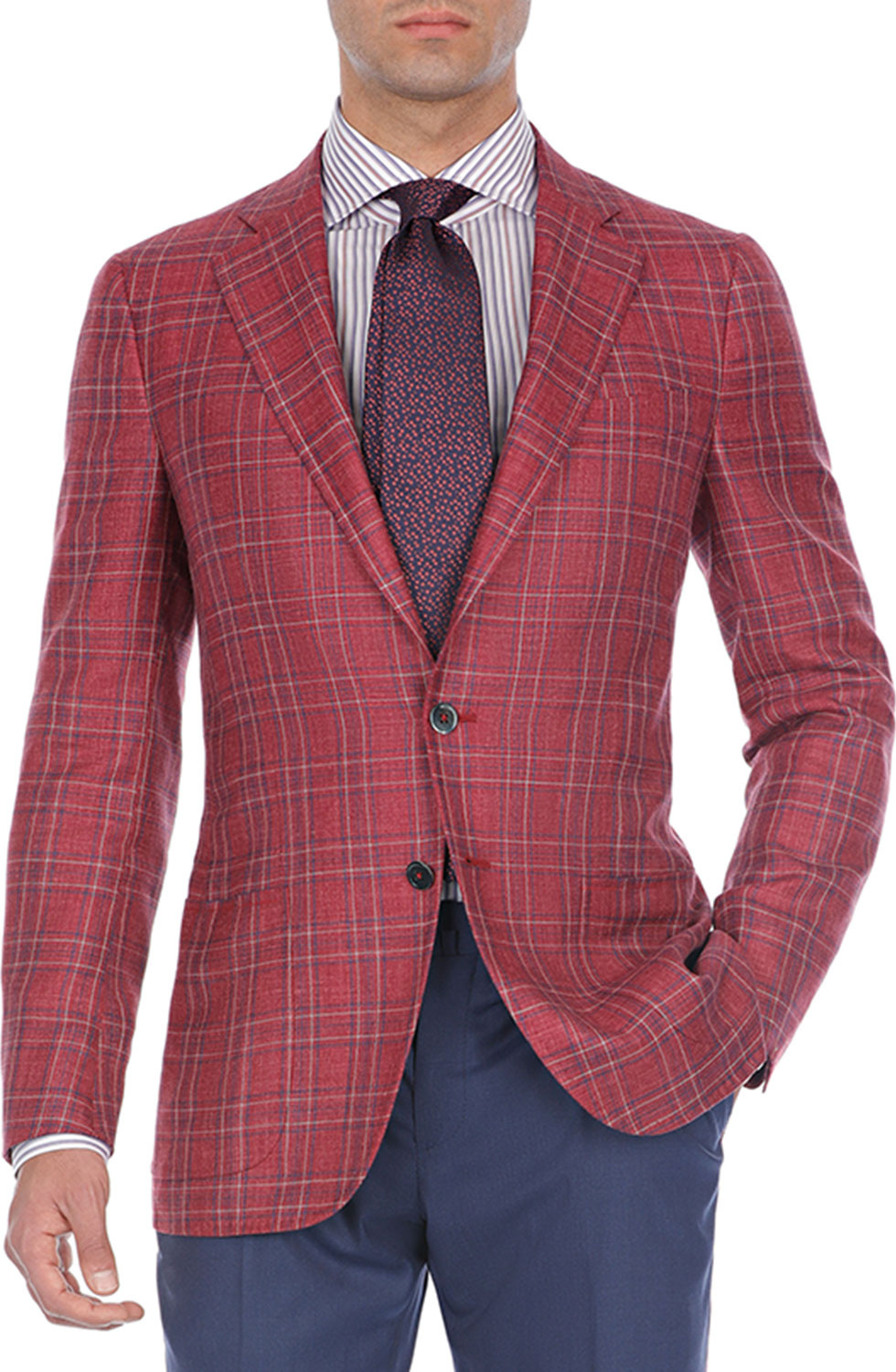 Isaia Plaid Wool-Cotton Two-Button Blazer