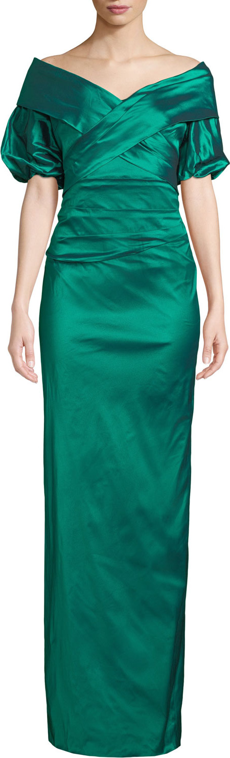 Rickie Freeman for Teri Jon Off-the-Shoulder Taffeta Column Gown