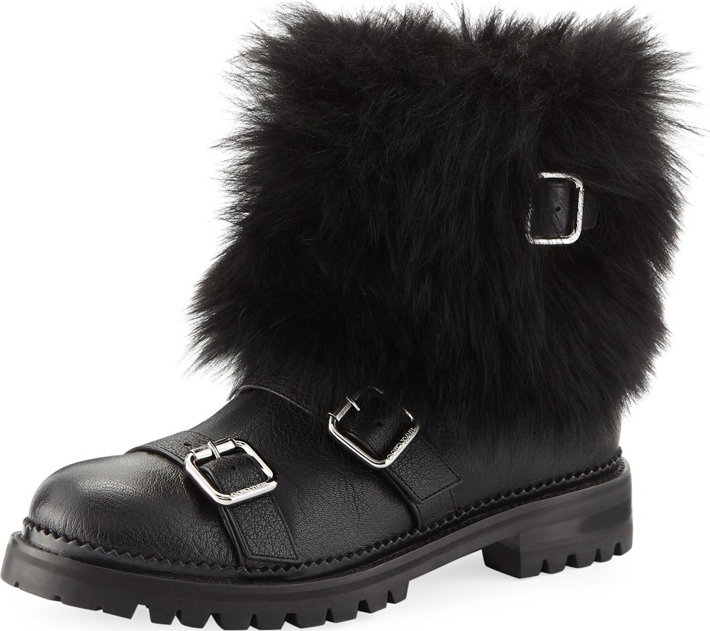 Jimmy Choo Hank Triple-Strap Moto Boots with Fur