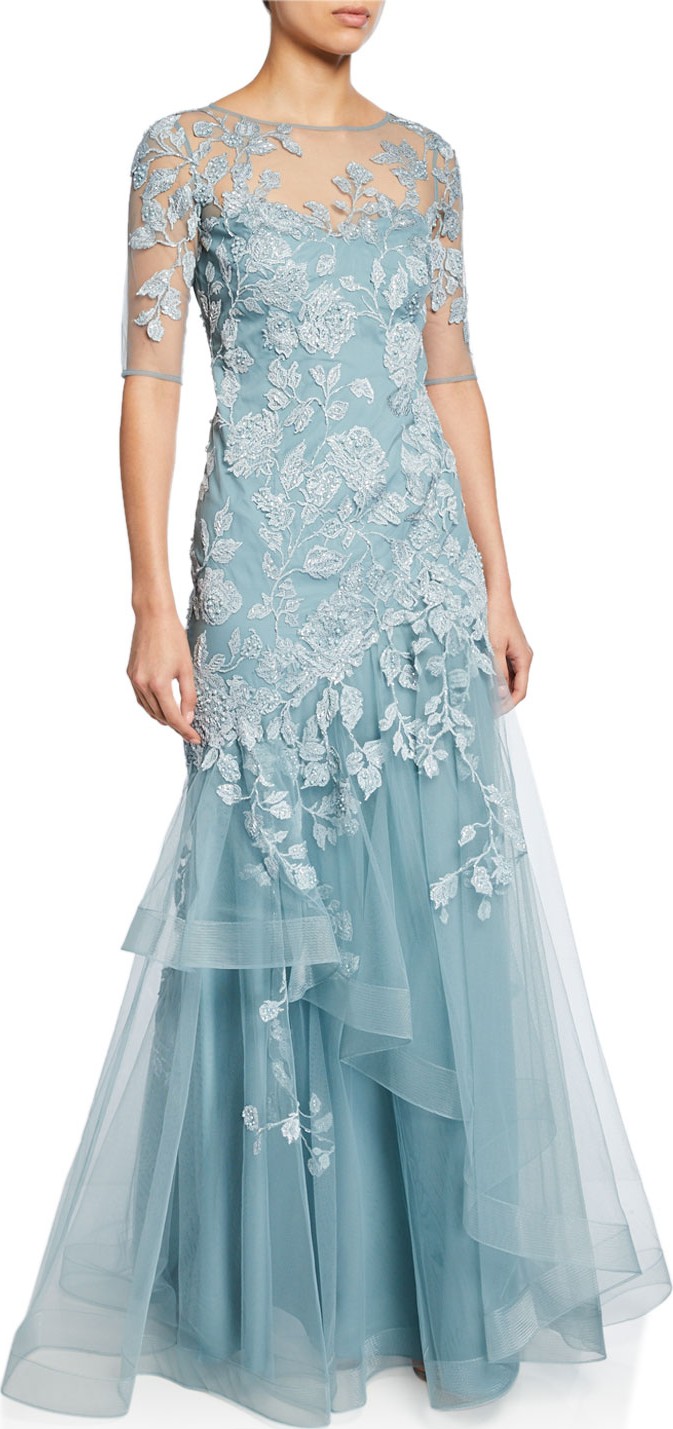 Rickie Freeman for Teri Jon Bateau-Neck Elbow-Sleeve Tulle Gown w/ Lace Applique