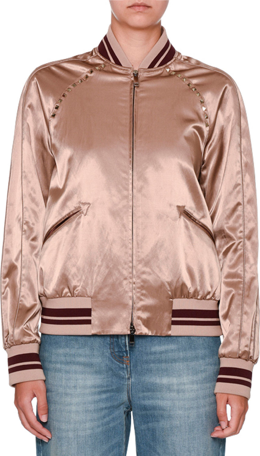 Valentino Rockstud Satin Bomber Jacket, Dusty Pink