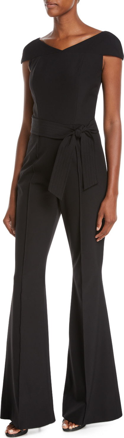 Josie by Natori Cap-Sleeve V-Neck Flared-Leg Bi-stretch Jumpsuit