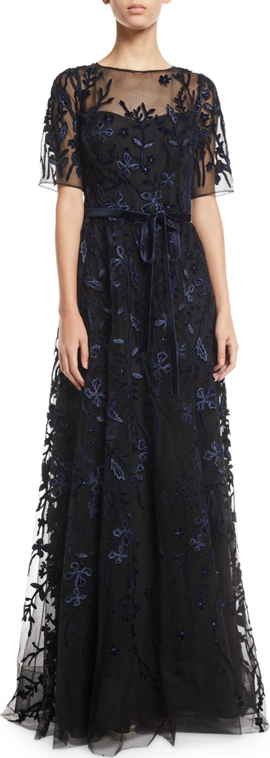 Rickie Freeman for Teri Jon Lace & Velvet Floral A-line Gown