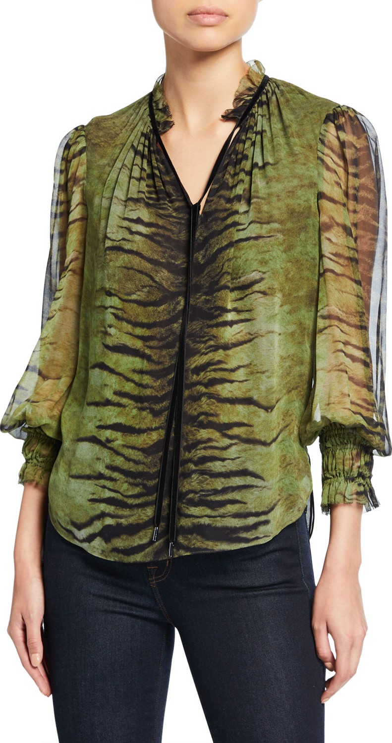 Elie Tahari Zeina Tiger-Stripes V-Neck Blouson-Sleeve Silk Blouse