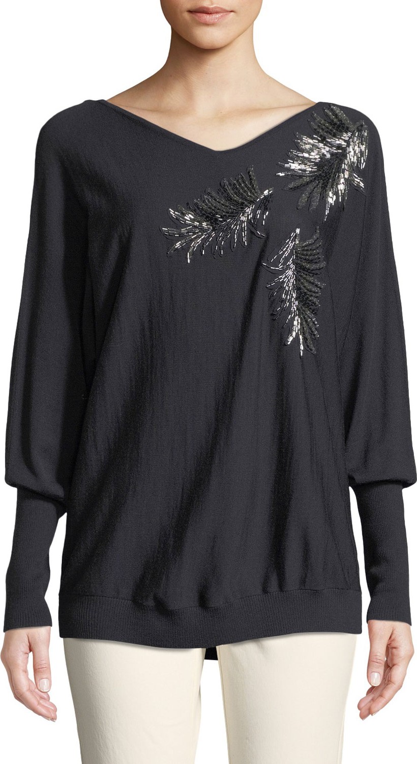 Lafayette 148 New York Fine-Gauge Merino-Wool Sequin Embellished Dolman Pullover