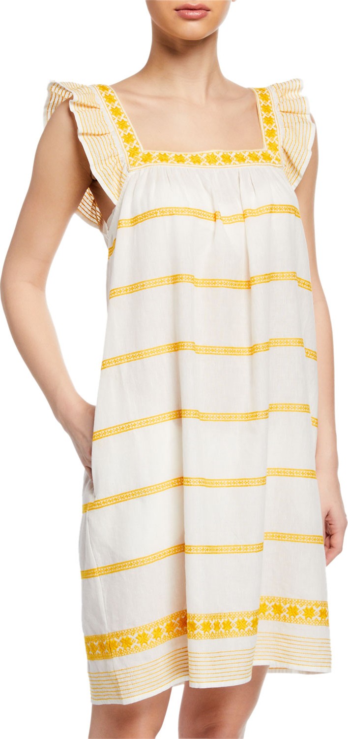 Tory Burch Sleeveless Striped Embroidered Sun Dress w/ Ruffle Detail