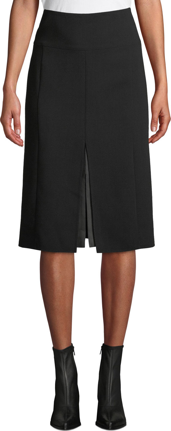 Akris High-Waist A-Line Leather-Slit Wool Skirt