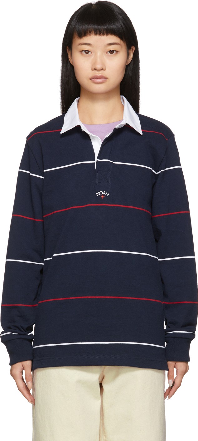 Noah NYC Navy Striped Logo Rugby Polo
