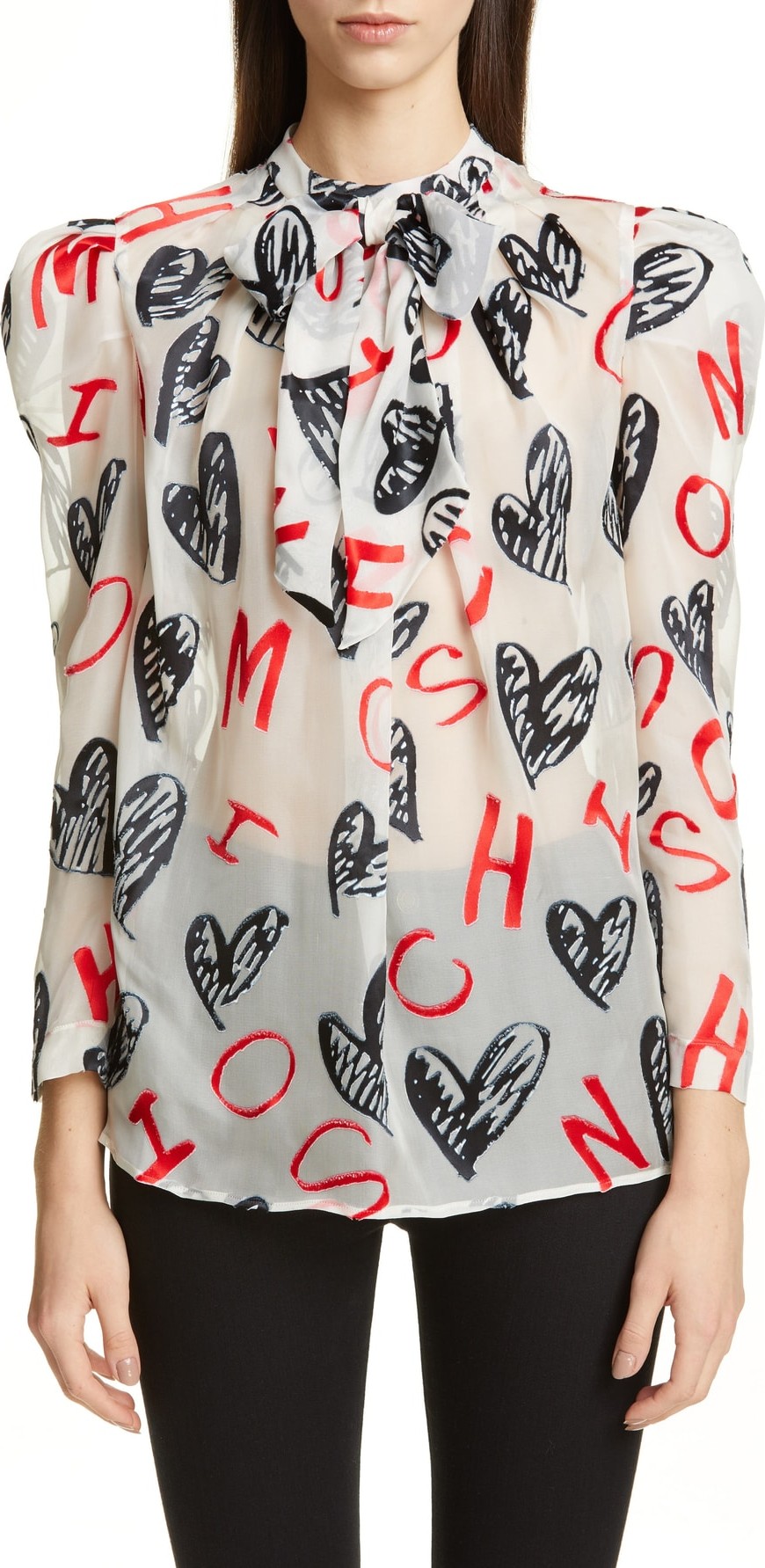 Moschino Scribble Heart Print Tie Neck Shirt
