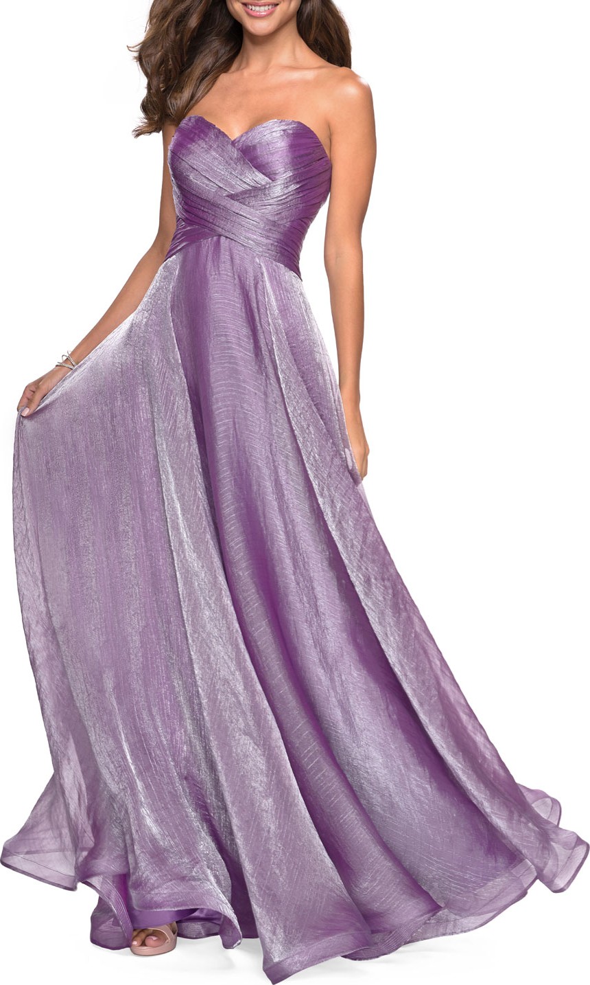 La Femme Strapless Metallic Chiffon Gown with Ruched Bodice